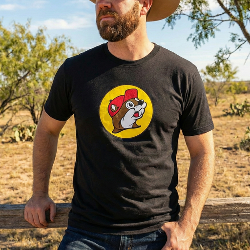 Man wearing a black t-shirt with a logo of a Buc-ee beaver wearing a red cap in a desert setting