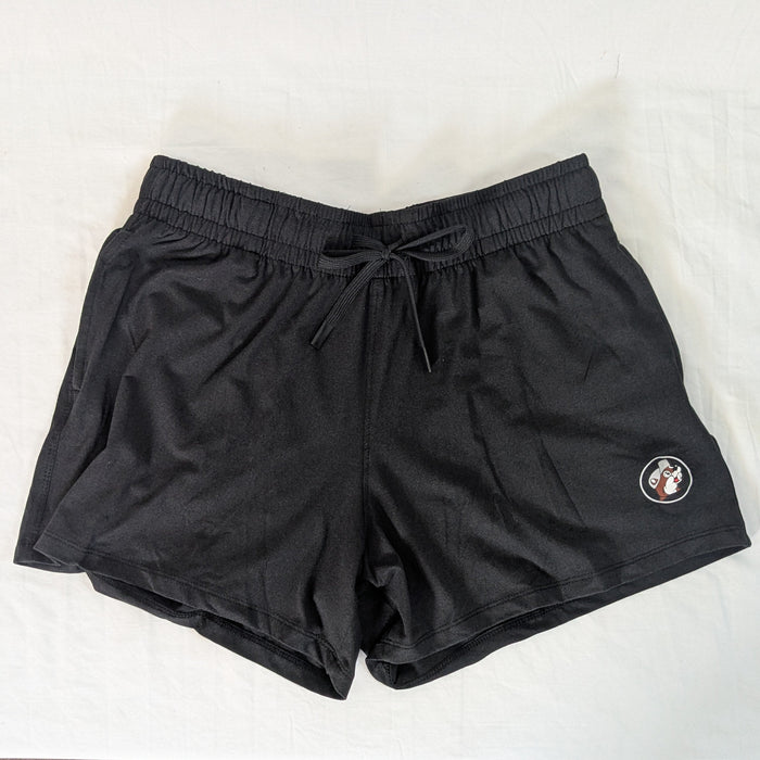 Black Buc-ee’s Cloud shorts with elastic waistband and drawstring, featuring the Buc-ee’s beaver logo, laid flat on a white background.