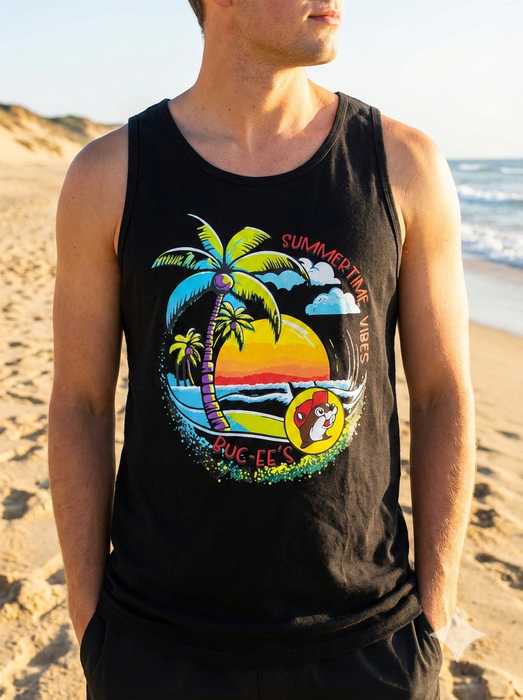 Person wearing a black tank top with a colorful graphic design on a beach.