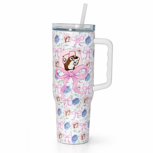 Blossoms and Bows Tumbler Front View classic white background. 