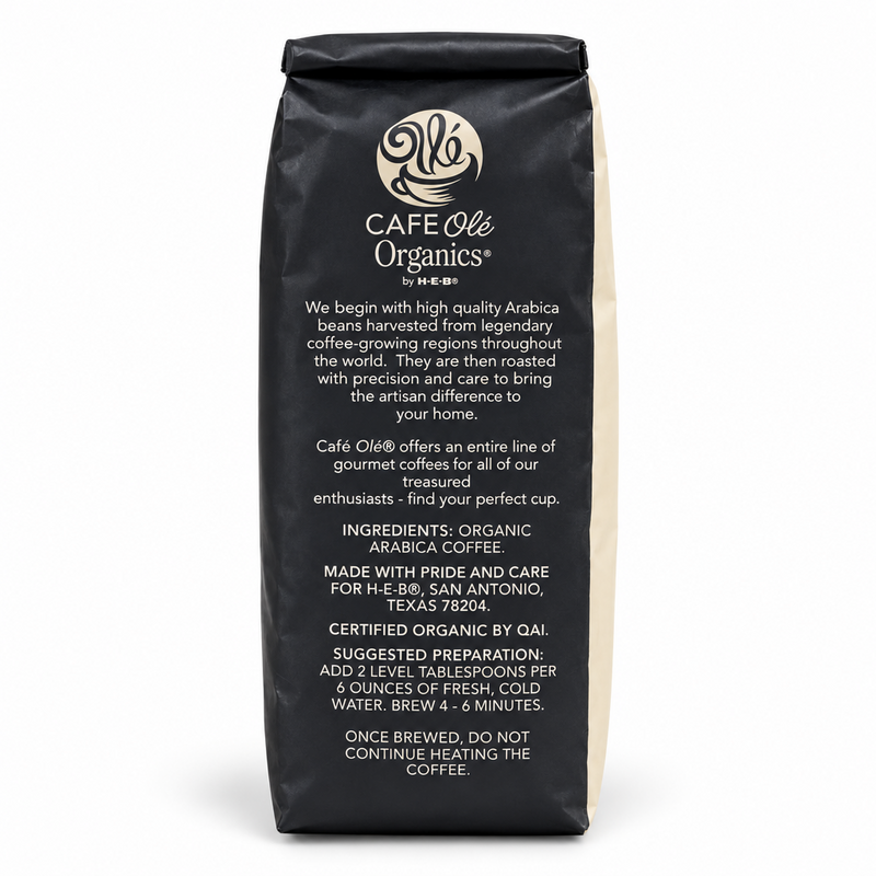 Back of the Cafe Olé Organic Breakfast Blend ground coffee bag
