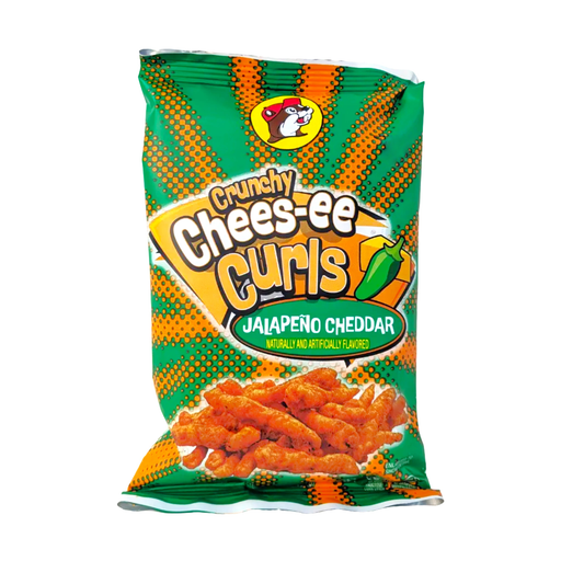 2 oz bag of Buc-ee's Crunchy Chees-ee Curls in Jalapeño Cheddar flavor, front view on white