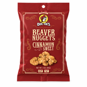 Red 3 oz bag of Buc-ee's Beaver Nuggets Cinnamon Sweet with nuggets in front, on white