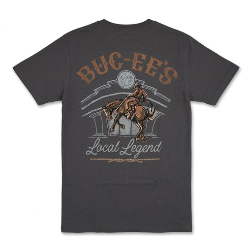Dark gray Buc-ee's "Local Legend" T-shirt laid flat, back view with cowboy on bucking horse design