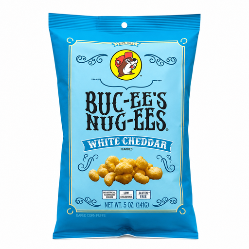 Light blue bag of Buc-ee's Nug-ees White Cheddar, front view