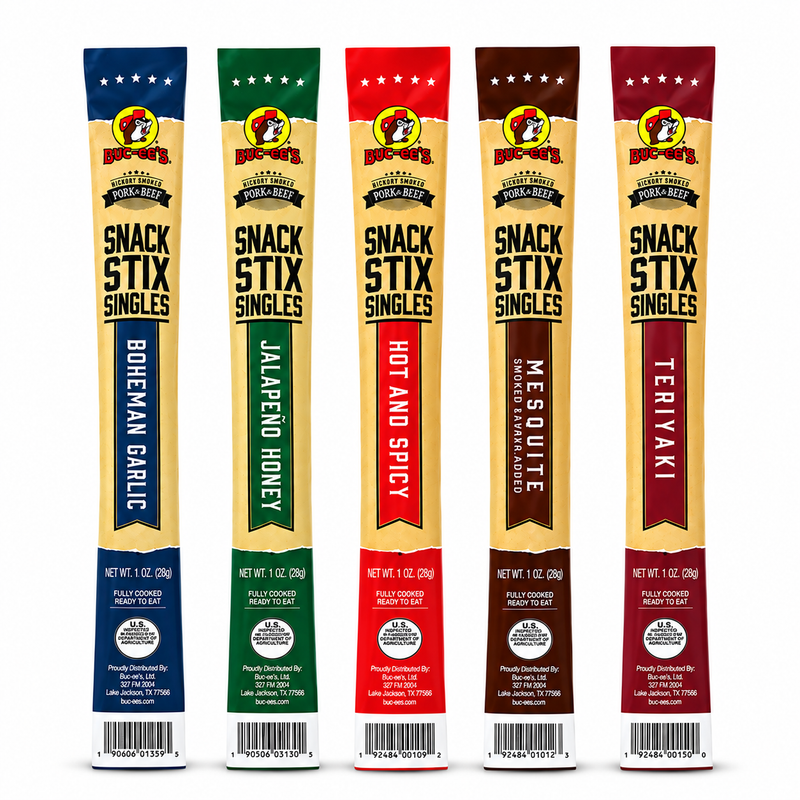Buc-ee's Snack Stix Singles in all 5 flavors lined up side by side, on white