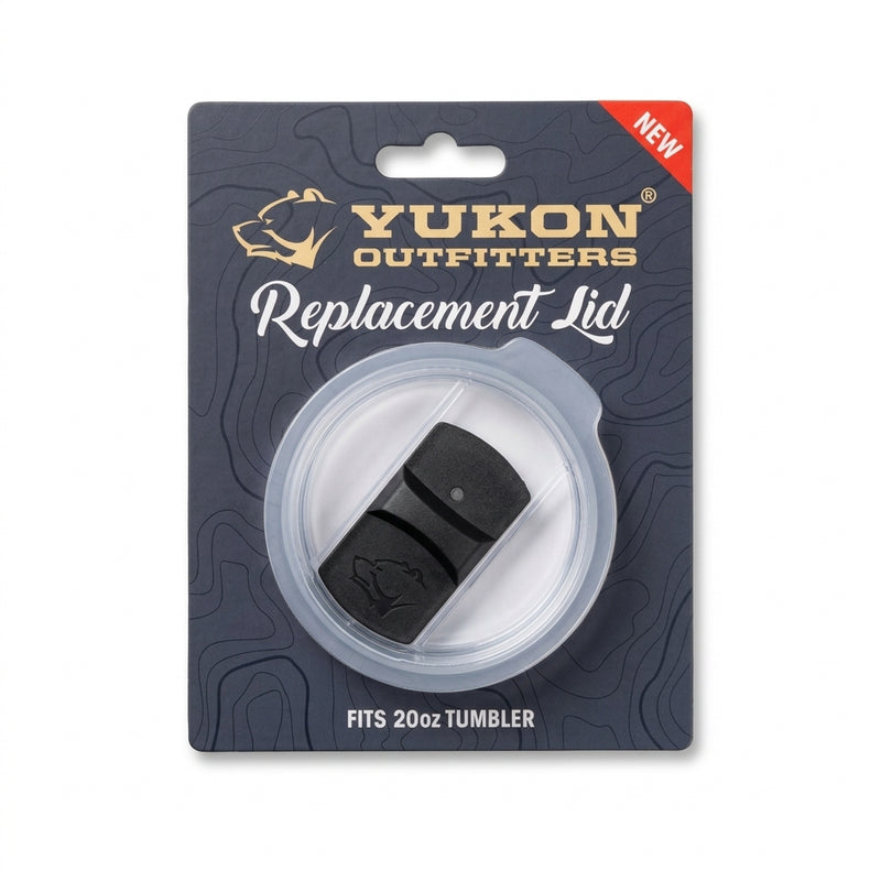 Yukon Outfitters 20 oz clear plastic replacement lid for tumblers in retail packaging.
