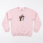Light pink youth crewneck sweatshirt featuring a circular center patch of the Buc-ee's beaver wearing a pink hat in soft chenille fabric.