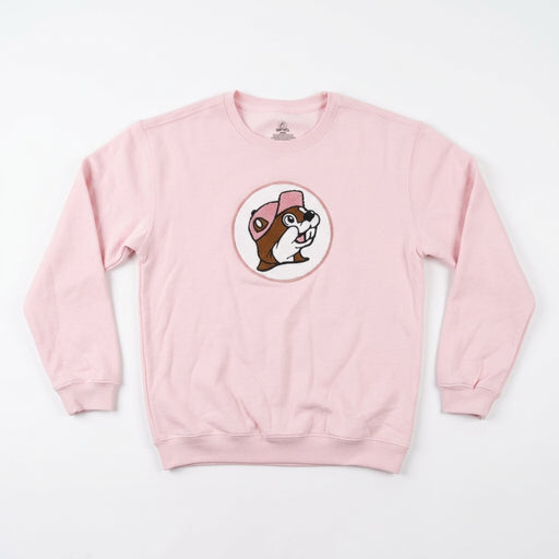 Light pink youth crewneck sweatshirt featuring a circular center patch of the Buc-ee's beaver wearing a pink hat in soft chenille fabric.