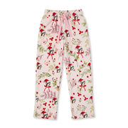 Soft light pink youth plush fleece pajama pants printed with Santa Buc-ee, green leaves, and red holly berries, featuring a tied pink drawstring.