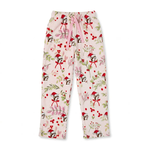 Soft light pink youth plush fleece pajama pants printed with Santa Buc-ee, green leaves, and red holly berries, featuring a tied pink drawstring.