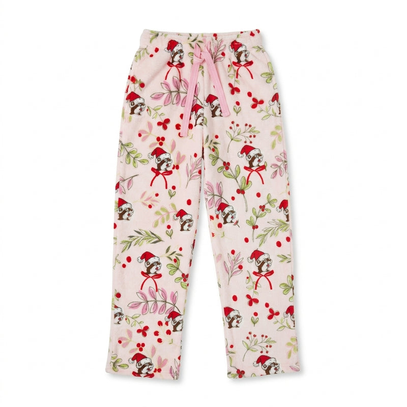 Soft light pink youth plush fleece pajama pants printed with Santa Buc-ee, green leaves, and red holly berries, featuring a tied pink drawstring.