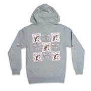 Back view of an adult heather gray Buc-ee's pullover hoodie featuring a 3x3 grid pattern with pink-hatted Buc-ee beaver logos alternating with tied pink bows, flanked by pink bows on the sleeves.