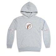 Front view of an adult heather gray Buc-ee's pullover hoodie featuring a small pink beaver logo centered on the chest, a front kangaroo pocket, and pink ribbon bows printed on each sleeve.