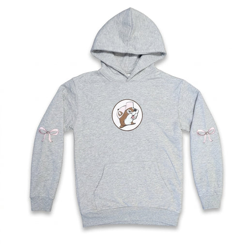 Front view of an adult heather gray Buc-ee's pullover hoodie featuring a small pink beaver logo centered on the chest, a front kangaroo pocket, and pink ribbon bows printed on each sleeve.