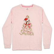 Light pink adult long-sleeve shirt featuring a centered graphic of a Christmas tree made of green leaves, berries, and a bow topped with Santa Buc-ee.