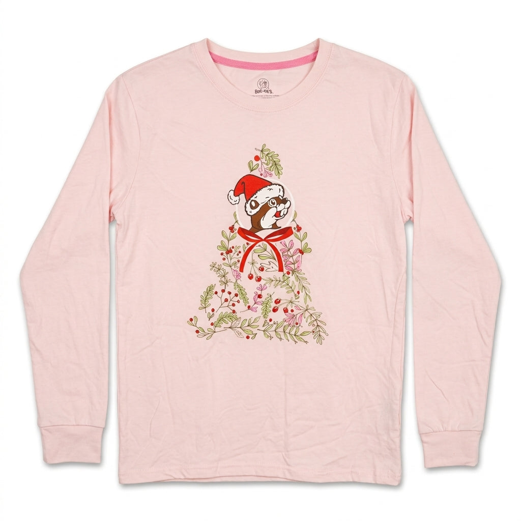 Light pink long sleeve Christmas shirt laid flat with a tree made of Santa Buc-ee and bows