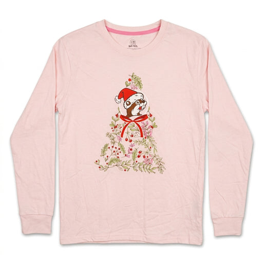 Light pink adult long-sleeve shirt featuring a centered graphic of a Christmas tree made of green leaves, berries, and a bow topped with Santa Buc-ee.