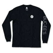 Front view of a black long-sleeve T-shirt with a small white Buc-ee's beaver crest on the left chest and "BUC-EE'S" printed vertically down the left sleeve.
