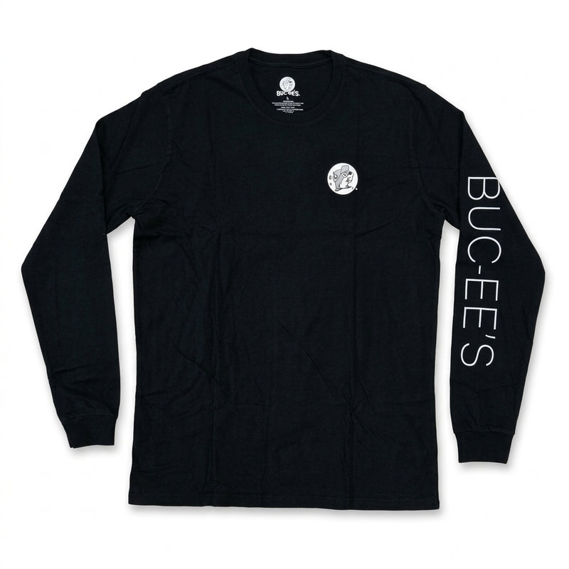 Front view of a black long-sleeve T-shirt with a small white Buc-ee's beaver crest on the left chest and "BUC-EE'S" printed vertically down the left sleeve.