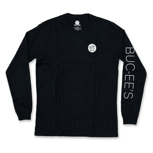 Front view of a black long-sleeve T-shirt with a small white Buc-ee's beaver crest on the left chest and "BUC-EE'S" printed vertically down the left sleeve.