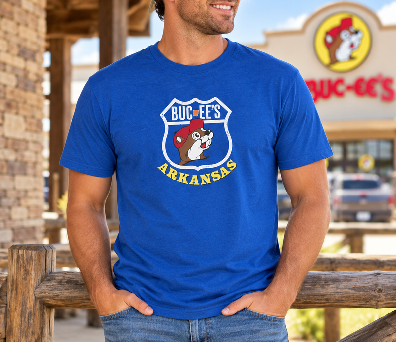 Buc-ee's Arkansas Blue Roadmap Tee lifestyle front image.