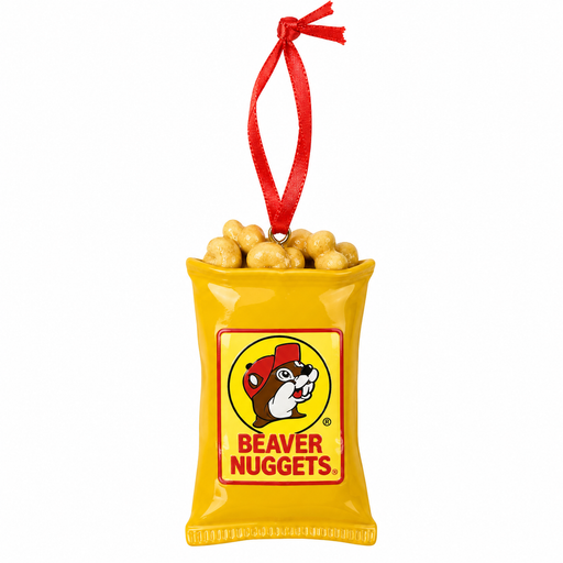 Yellow Beaver Nuggets bag Christmas ornament with red ribbon hanger and Buc-ee logo, on white