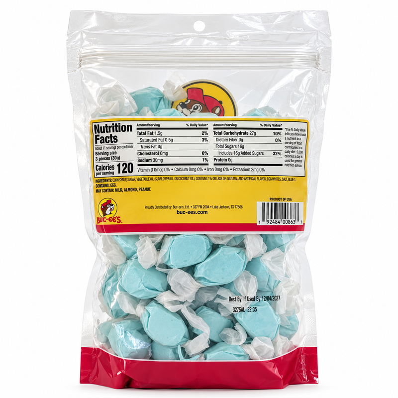 A clear plastic bag of Buc-ee's cotton candy, showing light blue and white wrapped pieces inside. The packaging features a yellow and red label with the Buc-ee's logo and nutrition facts.