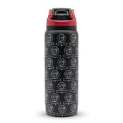 Back view of the Buc-ee's Challenge Hydrobubble Tumbler, a matte black water bottle displaying the full grid pattern of white Buc-ee's signposts.