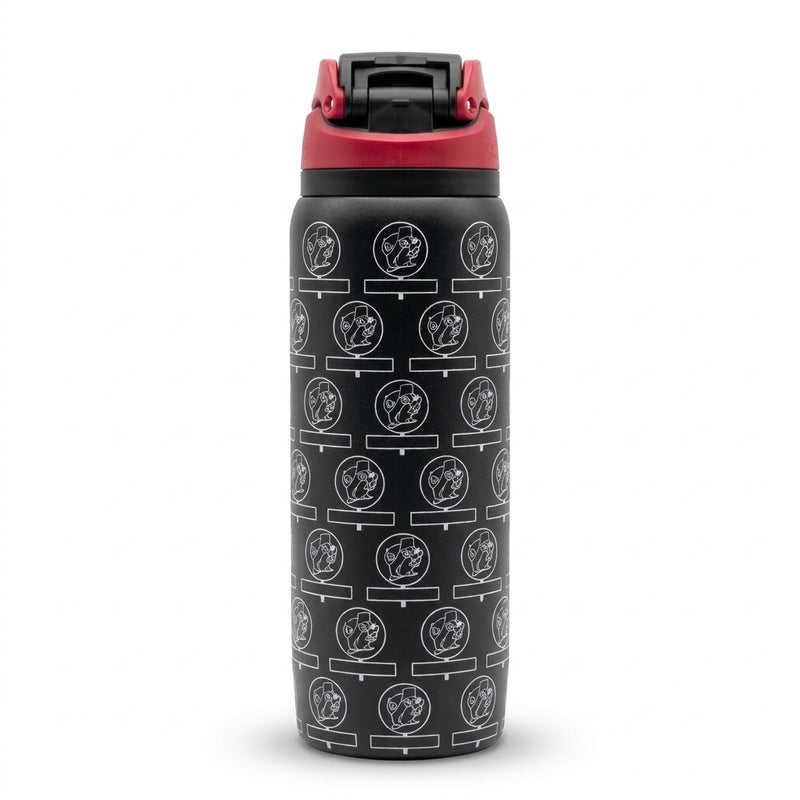 Back view of the Buc-ee's Challenge Hydrobubble Tumbler, a matte black water bottle displaying the full grid pattern of white Buc-ee's signposts.