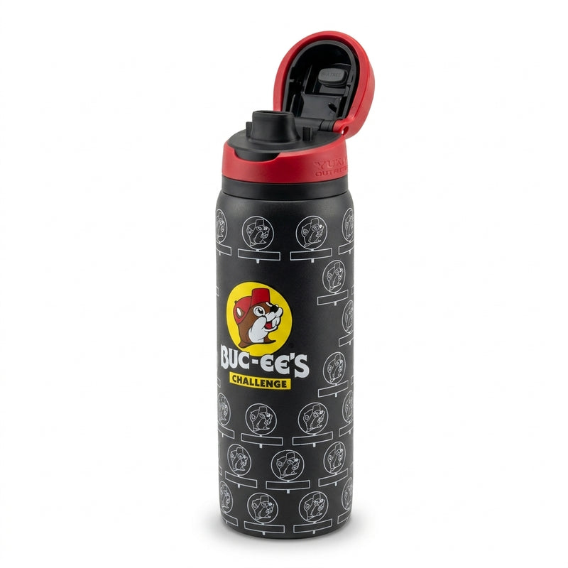 Angle view of the Buc-ee's Challenge Hydrobubble water bottle with the red flip-top lid unlocked and opened, revealing the drinking spout.