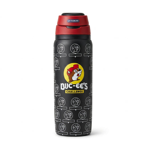 Front view of the black water bottle showing the classic Buc-ee’s beaver logo and "Buc-ee's Challenge" text above white line-art signpost outlines.