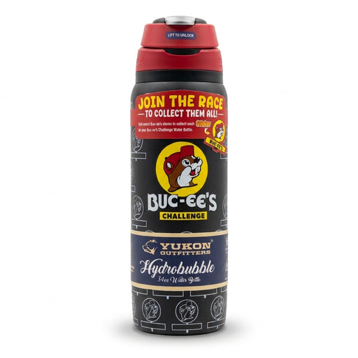 Front view of a 34 oz matte black Buc-ee’s Hydrobubble water bottle with a red lid, wearing a promotional paper band that reads "Join the Race to Collect Them All! - Buc-ee's Challenge".