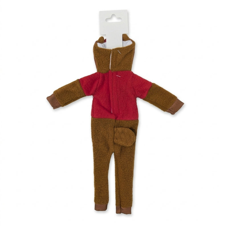 The back view of the Buc-ee's Doll Union Suit, a brown and red fuzzy doll suit. It has a full split back with velcro closure and a visible hook-and-loop fastener. A detailed, quilted leaf-shaped beaver tail is attached to the lower back of the onesie. The cardboard hanger is visible at the top.