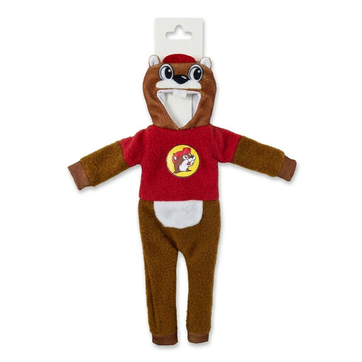 Front view of a Buc-ee’s beaver costume suit for dolls, showing the head opening at the top, beaver face cutout, red fleece chest with Buc-ee’s logo, and brown legs.