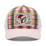 Buc-ee's Christmas trucker hat featuring a pink and green plaid front panel, soft pink bill, white mesh back, and a center patch of Buc-ee the Beaver wearing a Santa hat.
