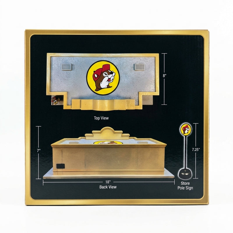 Buc-ee's store model dimensions: 8 in deep, 18 in wide, 7 in tall, plus a 7.25 in tall store pole sign