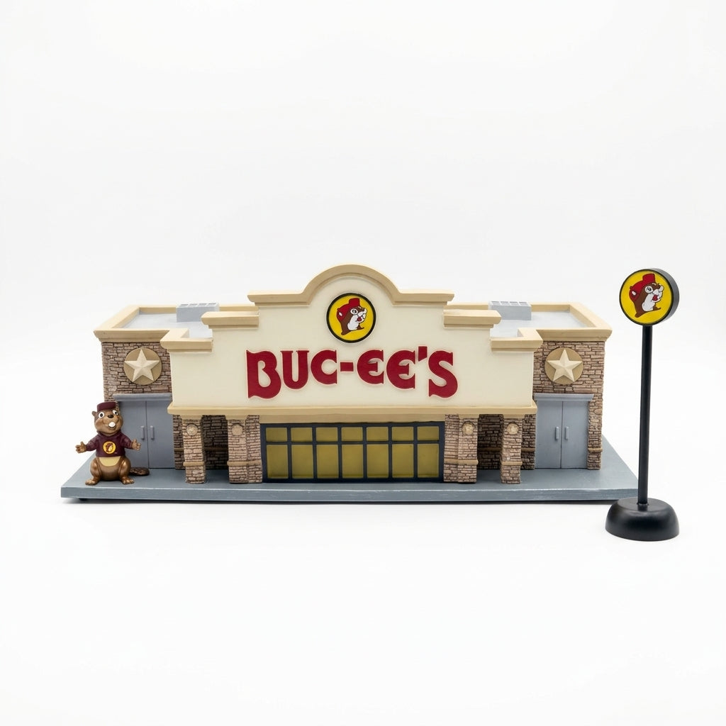 Buc-ee's miniature store model front with red BUC-EE'S letters, Buc-ee the Beaver statue and round pole sign