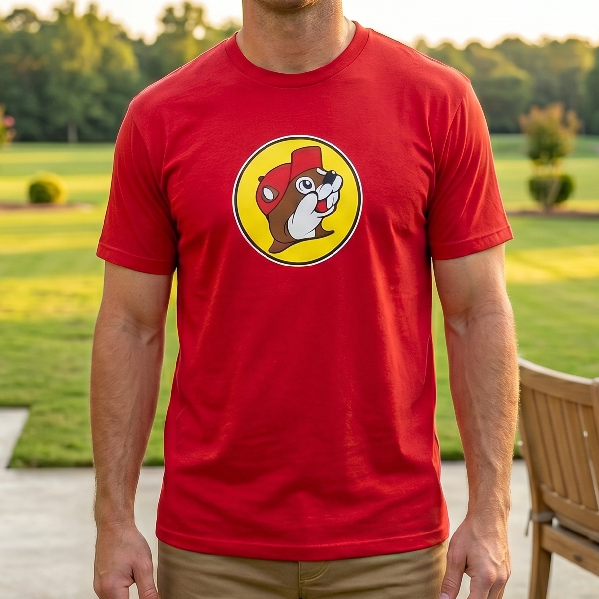 Man wearing a red t-shirt with a logo, standing outdoors on a patio.