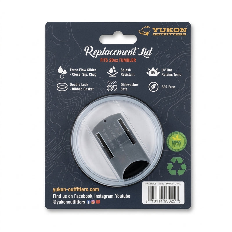 Back packaging of Yukon Outfitters 20 oz replacement tumbler lid displaying product features and BPA-free logo.