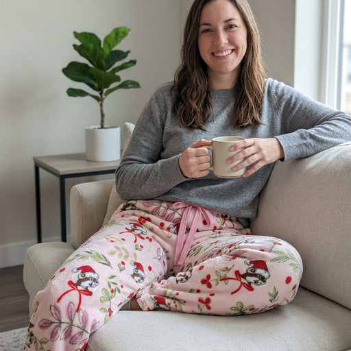 A smiling woman sitting on a beige couch wearing a grey knit sweater and Buc-ee’s pink plush Christmas pajama pants printed with Santa Buc-ee and festive greenery, holding a coffee mug.