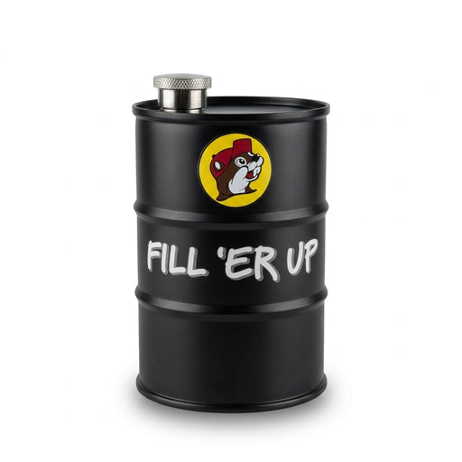 A matte black stainless steel 25oz flask shaped like an oil barrel, featuring the yellow Buc-ee's beaver logo and white text reading "FILL 'ER UP".