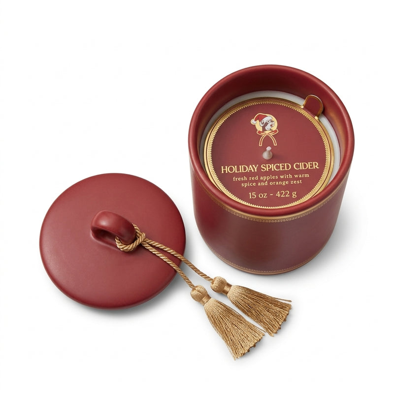 Top-down view of the open red ceramic Buc-ee's Holiday Spiced Cider candle showing the gold-trimmed dust cover label and removed lid with gold tassels.