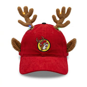Front view of a red corduroy Buc-ee’s reindeer cap with multi-colored LED wire lights illuminated around the plush brown antlers above the embroidered Reindeer Buc-ee logo patch.