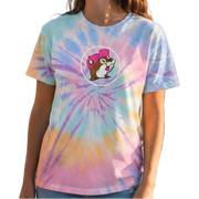 Woman wearing a tie-dye t-shirt with a cartoon character on a white background