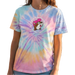 Woman wearing a tie-dye t-shirt with a cartoon character on a white background
