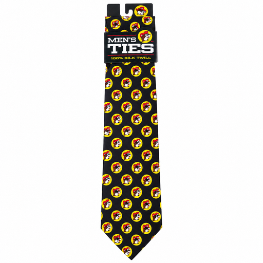 Black silk Buc-ee's necktie with yellow Buc-ee the Beaver logo pattern, packaged