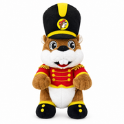 Buc-ee the Beaver nutcracker plush in red soldier jacket and tall black hat, on white