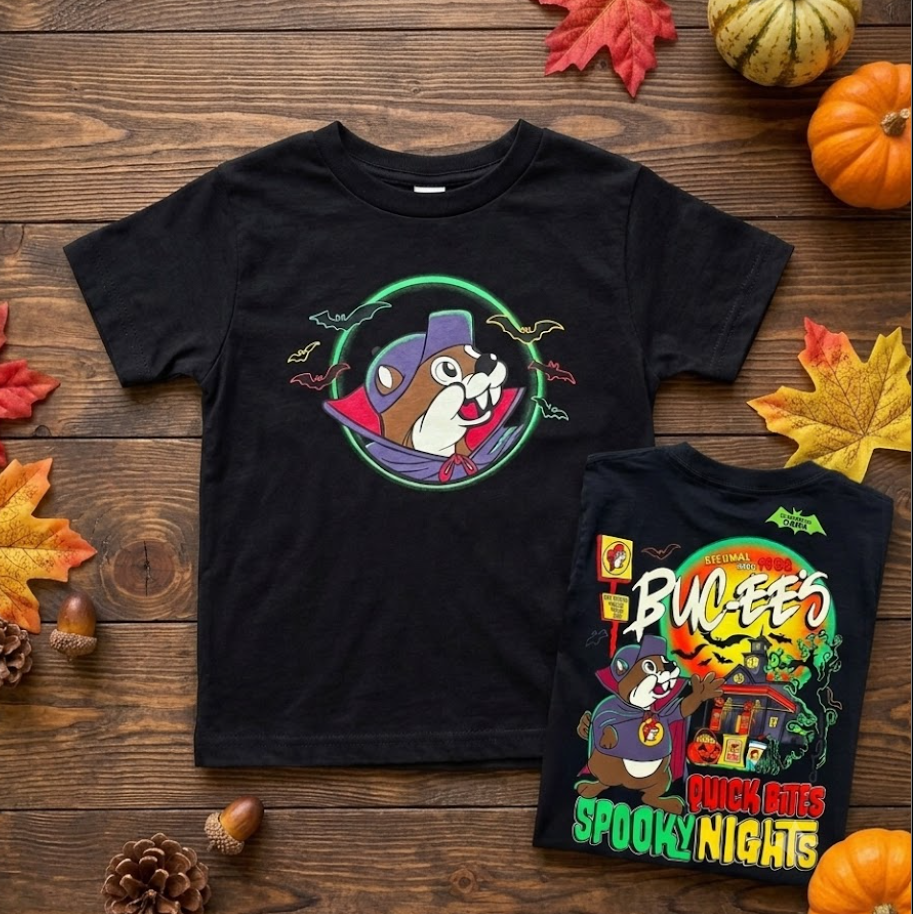 Two black graphic T-shirts displayed on a rustic wooden surface with autumn props. The larger shirt shows a cartoon chipmunk in a witch hat inside a green circular frame, and the smaller folded shirt shows a larger colorful graphic with the text 'Buck-ee's' and 'Rock Your Spooky Nights.