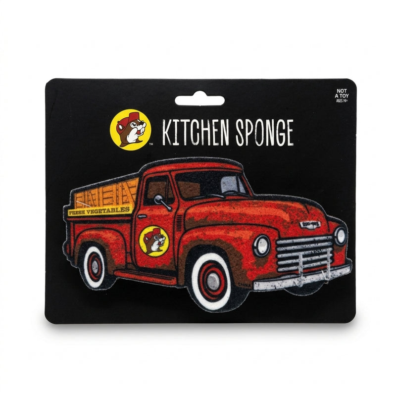 Buc-ee’s red vintage pickup truck kitchen sponge packaged on a black backing card.